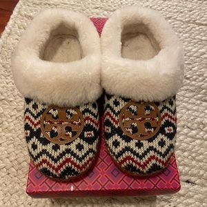 Tory Burch Coley Logo Knit & Shearling Slippers